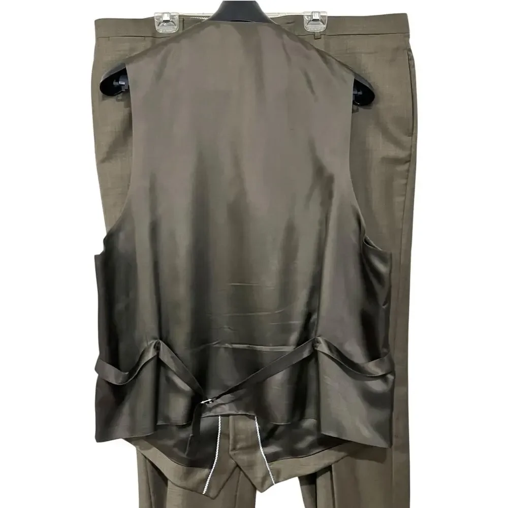 Tommy Hilfiger 3 Piece Suit Mens XL 52 Brown/Taupe Wool Vest Pants Formal